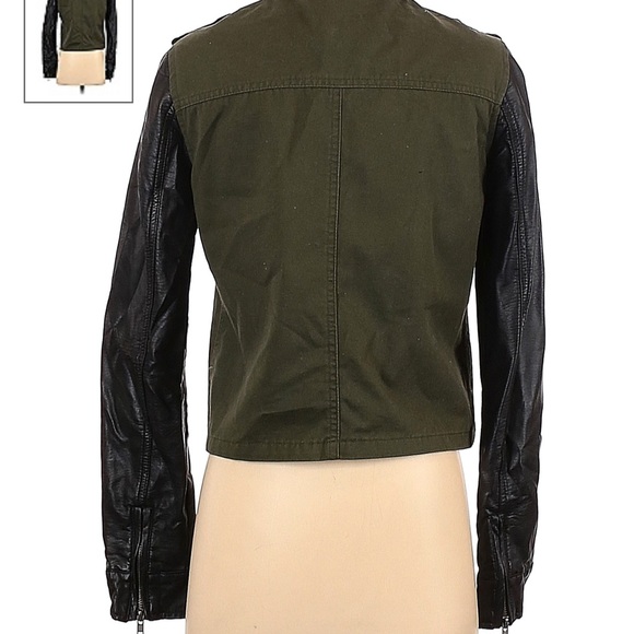 Green zip hood army jacket with leather sleeves - Picture 2 of 5